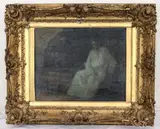 Henry Ossawa Tanner, The Visitor, Oil on canvas with a dark, somber palette, dominated by deep blues, grays, and black
