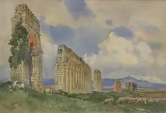 Filippo Anivitti, Landscape with Roman ruins and grazing flock of sheep, Watercolor on paper