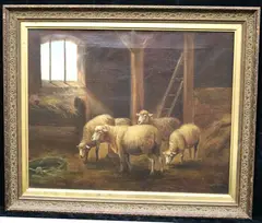 Italian School, "Sheep in a Barn", Oil on canvas