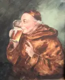 German School, Jovial Monk Drinking Bear, Watercolor on paper