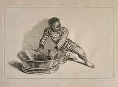François Boucher, Black African Removing Bottles From a Cooler, Etching by Francois Boucher after the work by Antoine Watteau (French, 1684-1721)