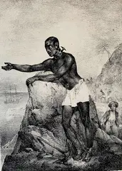 Alexandre-Gabriel Decamps, Pauvre Homme Noir (Poor black man), circa 1822, Given the subject matter-an enslaved man on a coast-and the artist's period, this print likely relates to the abolitionist movement or a scene from a region associated with the slave trade, possibly