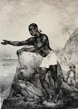 Alexandre-Gabriel Decamps, Pauvre Homme Noir (Poor black man), circa 1822, Given the subject matter-an enslaved man on a coast-and the artist's period, this print likely relates to the abolitionist movement or a scene from a region associated with the slave trade, possibly