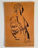 Frans Dille, African Woman Carrying a Baby on her Back, 1954, Ink drawing on tracing paper laid down to a board