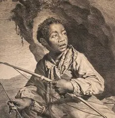 Jan Visscher, Untitled, The Black Archer, circa 1670, 17th-century Dutch engraving by Johannes Visscher (c. 1633-c. 1712) after a design "drawn from life" by his brother Cornelis Visscher (1629-1658), published by Justus Danckerts (1635-1701)