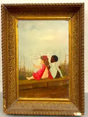 American School, Two young children seated side-by-side, Oil on board