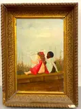 American School, Two young children seated side-by-side, Oil on board