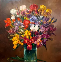 Joseph Sheppard, Voluminous Bouquet of Iris Flowers, 1993, Oil on board