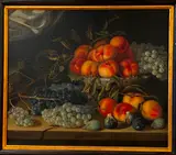 Pierre Dupois, Still Life with Peaches and Grapes in a Bowl on a Stone Ledge with Figs, Oil on canvas