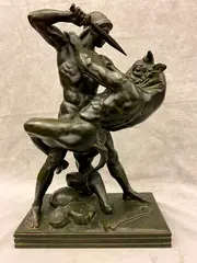 Antoine-Louis Barye, Thesée Et Le Minotaure (Theseus and the Minotaur), Bronze sculpture titled "Theseus and the Minotaur" (modeled 1843, cast later), signed 'Barye' to base, by the French Romantic sculptor Antoine-Louis Barye, captures the climactic moment