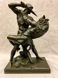 Antoine-Louis Barye, Thesée Et Le Minotaure (Theseus and the Minotaur), Bronze sculpture titled "Theseus and the Minotaur" (modeled 1843, cast later), signed 'Barye' to base, by the French Romantic sculptor Antoine-Louis Barye, captures the climactic moment