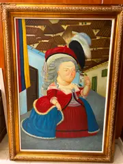 Bernard Cris, Marie Antoinette on a Visit to Medellin, Oil on canvas in Fernando Botero's voluminous style