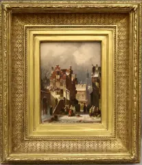 Charles Leickert, Vegetable sellers in a Dutch town in winter, Oil on papel
