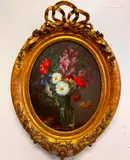 Anne Vallyer-Coster, Flowers in a Glass Vase with Shells on a Ledge, Oil on Canvas