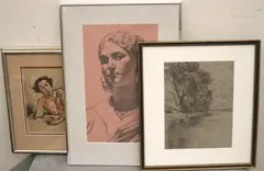 Ted Seth Jacobs, Three works: "Young Woman," "Sabina," and "River Bank," and "Central Park, The second piece is an atmospheric landscape sketch, rendered in a monochromatic sepia tone, possibly charcoal or Conte crayon on tinted paper, focusing on the texture