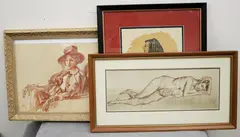 Ted Seth Jacobs, Three works: "The New Hat," Serita," and "Contemplation.", The two nude studies are varied: one is a full-figure, horizontal reclining pose , executed with a fluid, confident line and minimal shading in red/brown crayon; The other is a cropped seated nude , drawn in a sharp, controlled linear style with heavy contour lines, presented on a piece of torn, irregularly shaped paper, giving it an informal, study-like feel