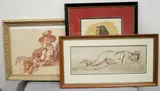 Ted Seth Jacobs, Three works: "The New Hat," Serita," and "Contemplation.", The two nude studies are varied: one is a full-figure, horizontal reclining pose , executed with a fluid, confident line and minimal shading in red/brown crayon; The other is a cropped seated nude , drawn in a sharp, controlled linear style with heavy contour lines, presented on a piece of torn, irregularly shaped paper, giving it an informal, study-like feel