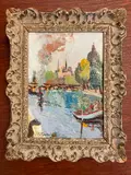 Jeanne Marguerite Fournials, Classic View of the Ile de la Cite, Oil on board painting featuring a view across the Seine River