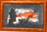 Sevek, Intense dark grays/blacks bursts in an intense, glowing orange/red background, 1988, Oil on canvas abstract expressionist painting characterized by a dynamic, high-contrast composition