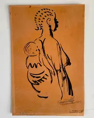 Frans Dille, African Woman Carrying a Baby on her Back, 1954, Ink drawing on tracing paper laid down to a board