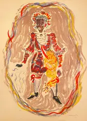 Kostia Terechkovitch, The Moor for the Petrushka Ballet, 1953, The print is defined by its bold colors and theatrical energy; figure is a dark-skinned, standing male character with an elaborate, almost puppet-like appearance