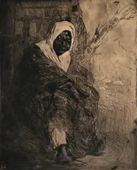 Edgar Chahine, Old Arab Woman, Etching in dark, rich tones