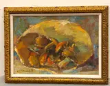 Ladislav Zoubek, A Bag Full of Mushrooms, 1978, Expressive still life oil on canvas painting featuring a bag full of mushrooms