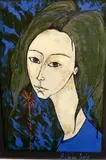 Silvere Croix, Woman with Long, dark hair and a small red flower, Acrylic on board