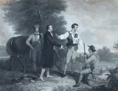 Asher Brown Durand, "THE CAPTURE OF MAJOR ANDRE," CIRCA 1846 19th century NOTE: engraving shows evidence of repair and has likely been cut down from its original size, Based on the celebrated 1833 painting by Hudson River School master Asher Brown Durand, this print features figures engraved by Alfred Jones, with the detailed landscape backdrop executed by James Smillie and Robert Hinshelwood