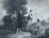 Asher Brown Durand, "THE CAPTURE OF MAJOR ANDRE," CIRCA 1846 19th century NOTE: engraving shows evidence of repair and has likely been cut down from its original size, Based on the celebrated 1833 painting by Hudson River School master Asher Brown Durand, this print features figures engraved by Alfred Jones, with the detailed landscape backdrop executed by James Smillie and Robert Hinshelwood