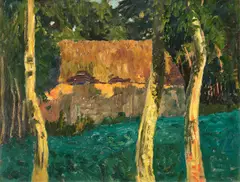 Fritz Overbeck, Rotes Haus mit Birken, Wohl um 1896, Öl auf Karton