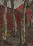Paula Modersohn-Becker, Birkenstämme vor rotem Gehöft, Um 1901, Öl auf Malkarton