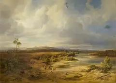 Christian Morgenstern, Weite Flusslandschaft mit Hirten und Wanderern, 1850, Öl auf Leinwand