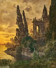 Ferdinand Knab, Abendliche Palast-Architektur am See mit Musikern, 1892, Öl auf Leinwand