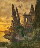 Ferdinand Knab, Abendliche Palast-Architektur am See mit Musikern, 1892, Öl auf Leinwand