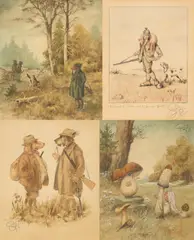 Heinz Geilfus, Vier Aquarelle: Humoristische Jagdszenen, Jeweils: Auqarellierte Bleistiftzeichnungen auf Papier