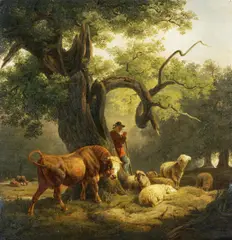 Friedrich Voltz, Hirte mit Stier und Schafen unter einer großen Eiche, 1841 (?), Öl auf Leinwand