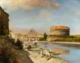 Oswald Achenbach, Am Ufer des Tibers in Rom, Öl auf Leinwand