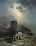 Andreas Achenbach, Holländischer Hafen im Mondschein