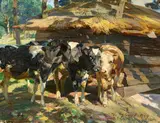 Kälber vor einem Unterstand by Heinrich von Zügel, 1914, Öl auf Leinwand, sold Nov 2024