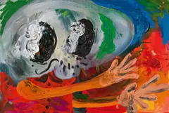 "Die Welt hat sich gedreht und mich hier gelassen" (Klein Nasaheim) by André Butzer, 2001, Öl auf Leinwand, sold Jun 2024