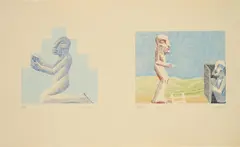 Ohne Titel by Horst Antes, 1970er, Doppelseite mit 2 Farbradierungen auf Bütten, mit Mittelfalz, sold Jun 2024