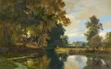 Adolf Dressler, Eichen am Wasser, 1881, Öl auf Leinwand