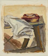 Peter Schmersal, Fleisch, Serviette, Holzblock, 1989, Öl auf Leinen. Auf Leinen aufgezogen