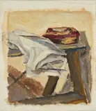 Peter Schmersal, Fleisch, Serviette, Holzblock, 1989, Öl auf Leinen. Auf Leinen aufgezogen