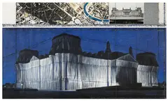 Christo und Jeanne-Claude, Wrapped Reichstag (Project for Berlin), 1994, Kreide, Fotos und Stoff collagiert auf Karton