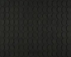 Turi Simeti, Ohne Titel (135 Schwarze Ovale), 1962, Acryl auf Pappe, collagiert auf Papier auf Rupfen