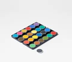 Hans-Peter Feldmann, Farbtöpfchen / paint-pots, 25 Farbtöpfchen in 2 Malkästen, Seidenpapier und Katalog in Pappkarton