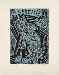 Jörg Immendorff, Akademie für Adler, 1990, Farblinolschnitt auf leichtem Karton