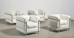 Cassina, Vier Sessel LC2, Metallrohr verchromt, weißes Leder